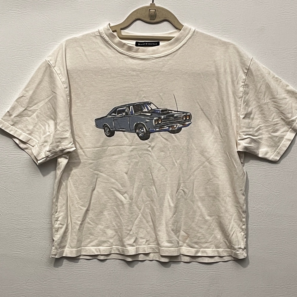 Brandy Melville White Tee with Blue Car Graphic Cropped top